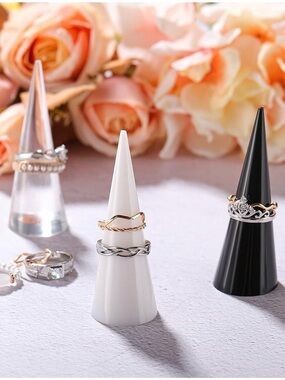 Set of 3 cone shaped ring display Clear Acrylic &black. New

RINGS NOT INCLUDED